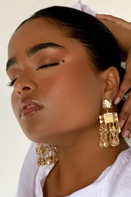 Bblingg_Gold Plated Crystals Baguette And Earrings _Online_at_Aza_Fashions