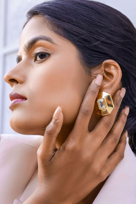 Bblingg_Gold Plated Crystals Tiraa Octagonal Stud Earrings _Online_at_Aza_Fashions