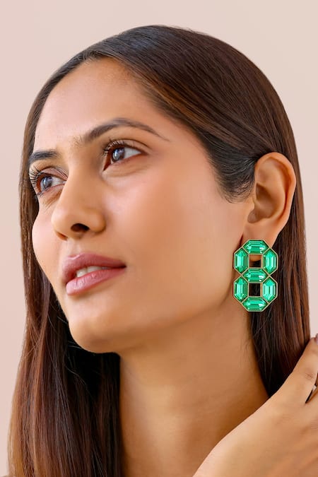 Bblingg_Green Crystals Cavana Double Swarovski Stud Earrings _Online_at_Aza_Fashions