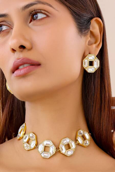 Bblingg_Gold Plated Crystals Cavana Geometric Stud And Necklace Set _Online_at_Aza_Fashions