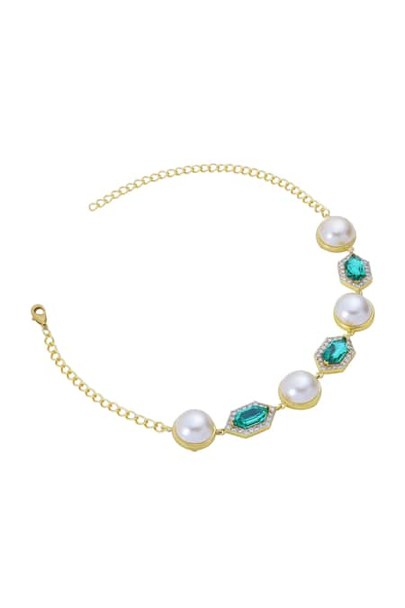 Bblingg_Gold Plated Cavi And Emerald Green Crystal Choker _Online_at_Aza_Fashions