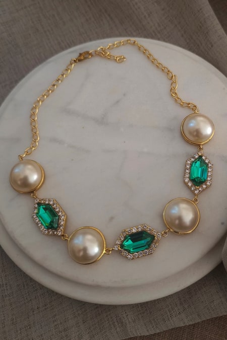 Bblingg Cavi Pearl Pearl & Emerald Green Crystal Choker 