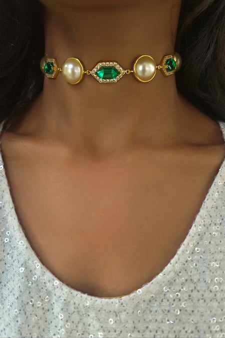 Bblingg Gold Plated Cavi And Emerald Green Crystal Choker 