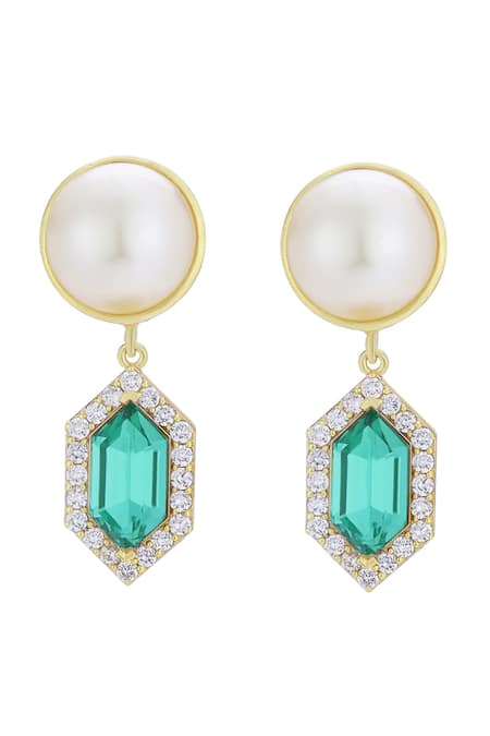 Bblingg Gold Plated Pearls, Crystals Cavi And Emerald Green Earrings 