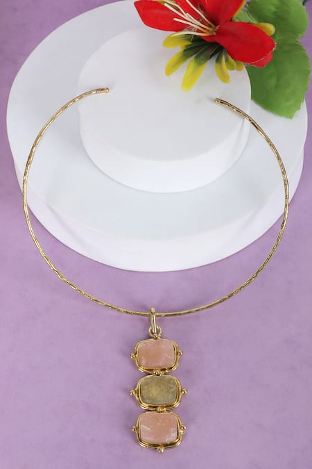 Queens Jewels Gold Plated Trio Semi Precious Stone Hasli Necklace Online at Aza Fashions Queens Jewels_Gold Plated Trio Semi Precious Stone Hasli Necklace _Online_at_Aza_Fashions