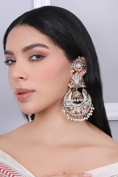 Shop_Queens Jewels_Multi Color Gemstones, Pearls Navratan Jhumka Chaandbali Earrings _Online_at_Aza_Fashions
