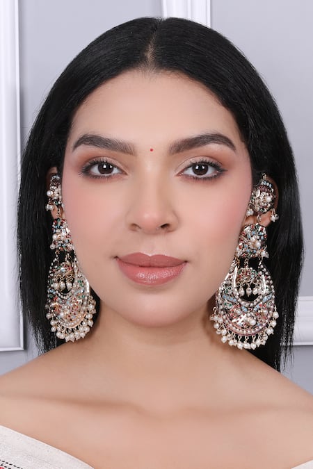 Queens Jewels_Multi Color Gemstones, Pearls Navratan Jhumka Chaandbali Earrings _at_Aza_Fashions