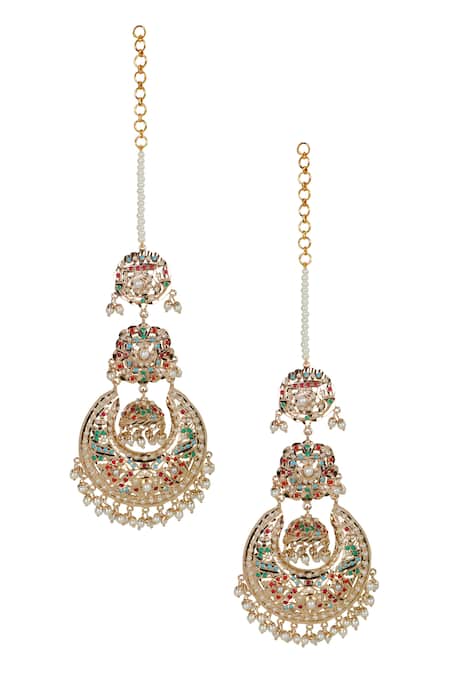 Buy_Queens Jewels_Multi Color Gemstones, Pearls Navratan Jhumka Chaandbali Earrings 