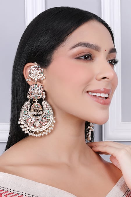 Queens Jewels Multi Color Gemstones, Pearls Navratan Jhumka Chaandbali Earrings 