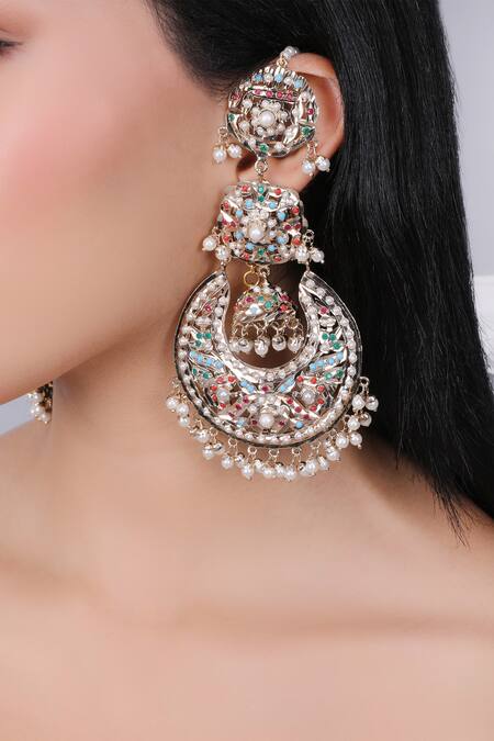 Shop_Queens Jewels_Multi Color Gemstones, Pearls Navratan Jhumka Chaandbali Earrings 