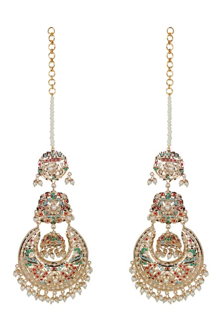 Shop_Queens Jewels_Multi Color Gemstones, Pearls Navratan Jhumka Chaandbali Earrings _at_Aza_Fashions