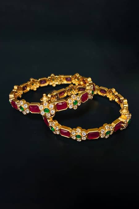Shop Queens Jewels Multi Color Stones Farah Temple Bangle - Set Of 2 at Aza Fashions Shop_Queens Jewels_Multi Color Stones Farah Temple Bangle - Set Of 2 _at_Aza_Fashions