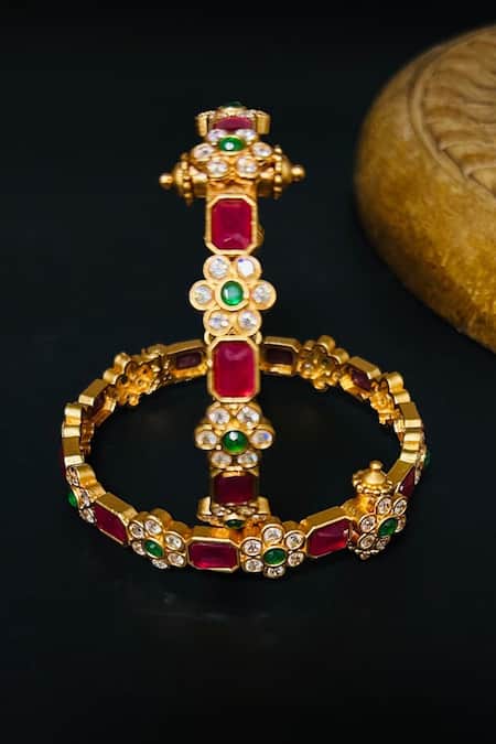 Queens Jewels Multi Color Stones Farah Temple Bangle - Set Of 2 