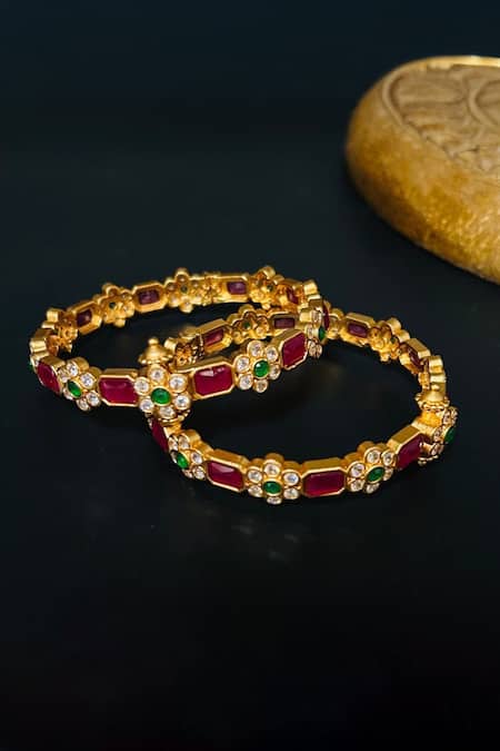 Shop Queens Jewels Multi Color Stones Farah Temple Bangle - Set Of 2 at Aza Fashions Shop_Queens Jewels_Multi Color Stones Farah Temple Bangle - Set Of 2 _at_Aza_Fashions