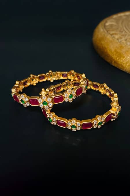 Shop Queens Jewels Multi Color Stones, Crystals Farah Temple Bangle - Set Of 2 at Aza Fashions Shop_Queens Jewels_Multi Color Stones, Crystals Farah Temple Bangle - Set Of 2 _at_Aza_Fashions