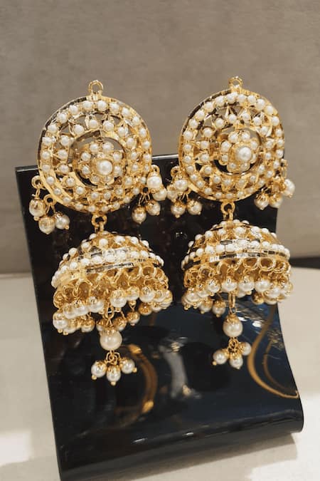 Shop Queens Jewels Gold Plated Pearls Bridal Jadau Jhumki Earrings at Aza Fashions Shop_Queens Jewels_Gold Plated Pearls Bridal Jadau Jhumki Earrings _at_Aza_Fashions