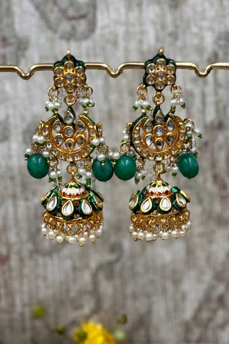 Shop Queens Jewels Green Pearls, Stones Amira Kundan Jhumka Earrings at Aza Fashions Shop_Queens Jewels_Green Pearls, Stones Amira Kundan Jhumka Earrings _at_Aza_Fashions