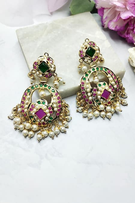 Shop Queens Jewels Multi Color Pearls, Stones Zeenat Jadau Dangler Earrings at Aza Fashions Shop_Queens Jewels_Multi Color Pearls, Stones Zeenat Jadau Dangler Earrings _at_Aza_Fashions