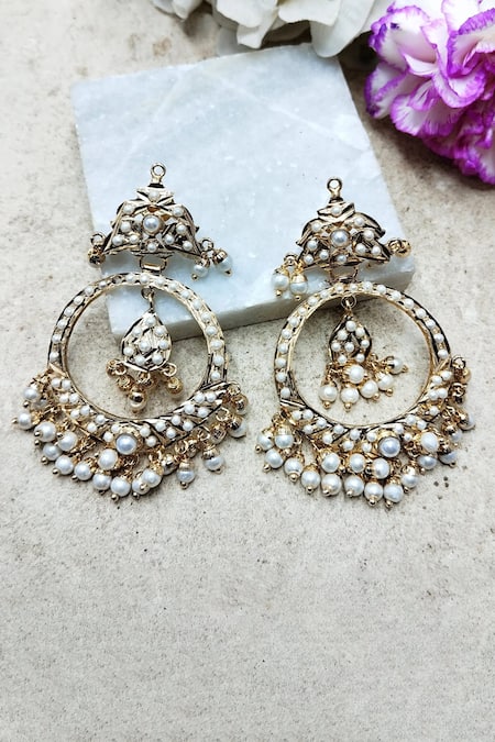 Queens Jewels White Pearls Aayat Jadau Chandbali Earrings 