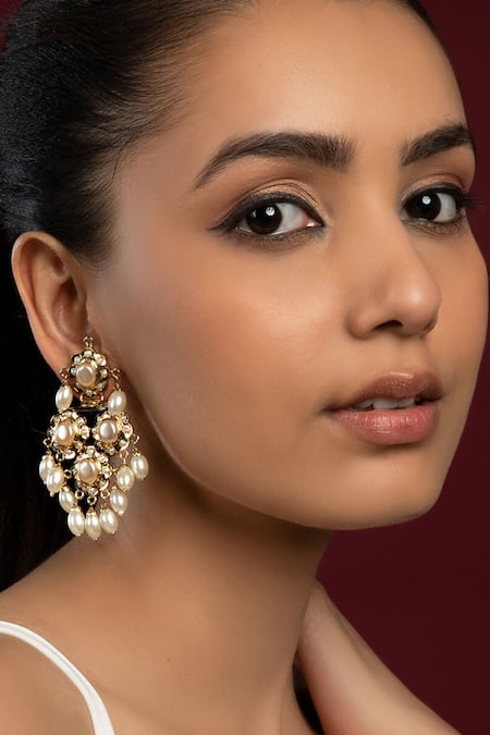 Shop Queens Jewels Gold Plated Pearls Jadau Embellished Earrings at Aza Fashions Shop_Queens Jewels_Gold Plated Pearls Jadau Embellished Earrings _at_Aza_Fashions