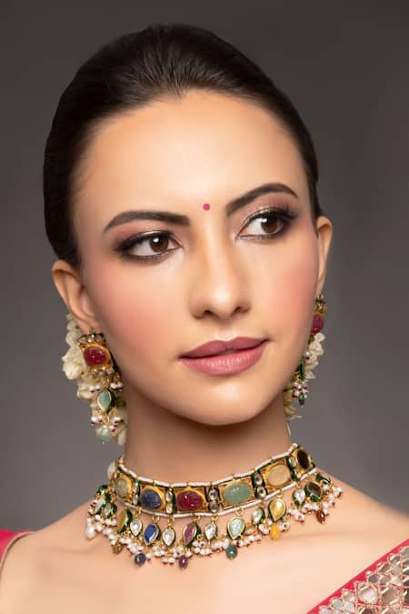 Shop Queens Jewels Multi Color Gemstones, Pearls Saisha Navratan Kundan Choker Set at Aza Fashions Shop_Queens Jewels_Multi Color Gemstones, Pearls Saisha Navratan Kundan Choker Set _at_Aza_Fashions