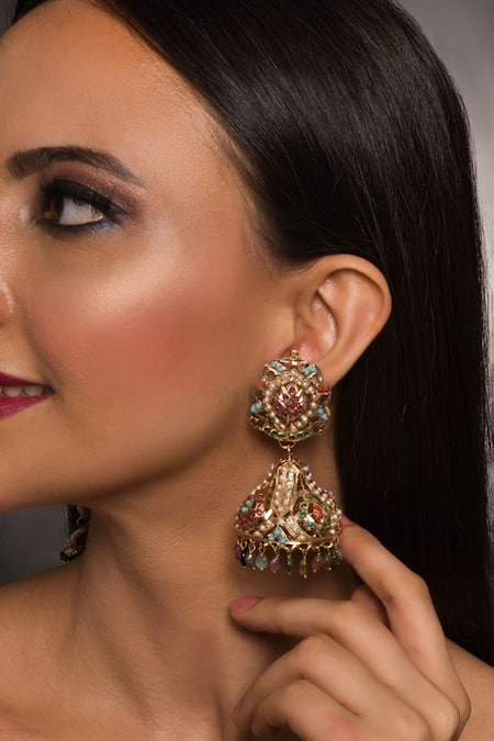 Shop Queens Jewels Multi Color Gemstones, Pearls Ditya Navratan Jadau Tourmaline Jhumka Earrings at Aza Fashions Shop_Queens Jewels_Multi Color Gemstones, Pearls Ditya Navratan Jadau Tourmaline Jhumka Earrings _at_Aza_Fashions
