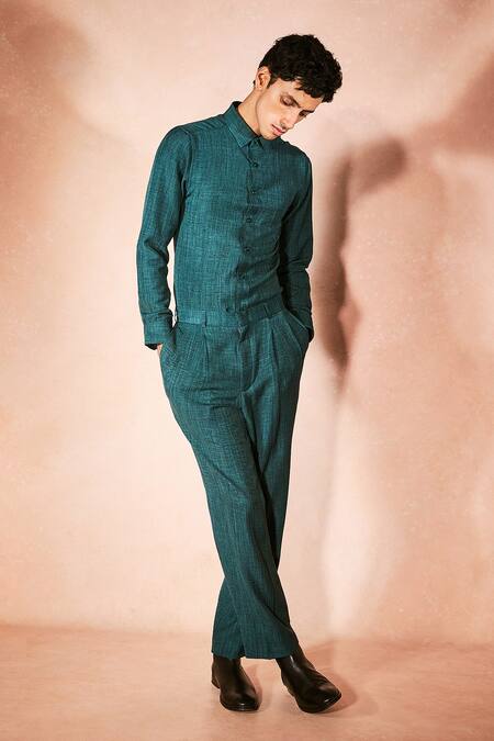 Buy_Nirmooha_Green Linen Teal Precision Shirt With Pant _Online_at_Aza_Fashions