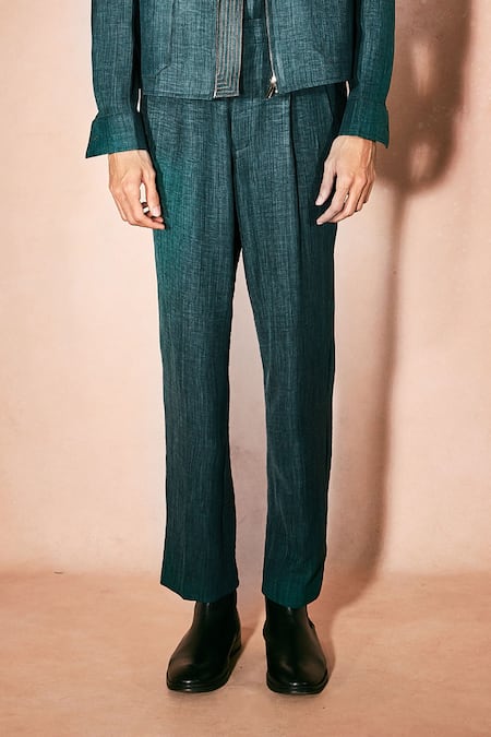 Shop_Nirmooha_Green Linen Teal Authority Jacket And Pant Set _Online_at_Aza_Fashions