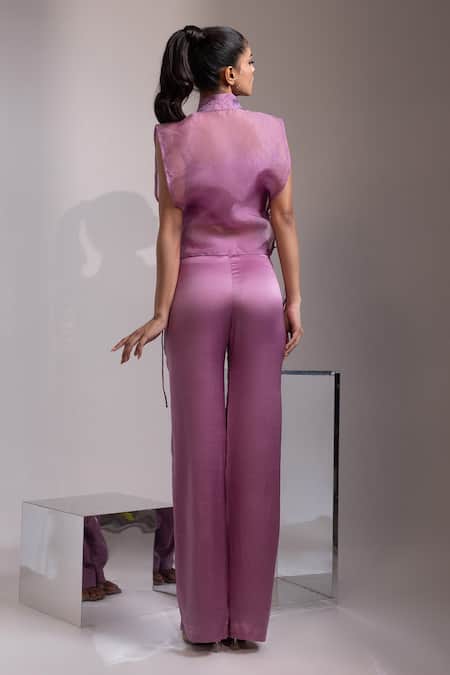 Shop Yoseba Purple Organza, Modal, Satin Embroidery V-neck Sheer Top With Trouser at Aza Fashions Shop_Yoseba_Purple Organza, Modal, Satin Embroidery V-neck Sheer Top With Trouser _at_Aza_Fashions