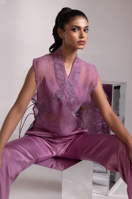 Yoseba Purple Organza, Modal, Satin Embroidery V-neck Sheer Top With Trouser at Aza Fashions Yoseba_Purple Organza, Modal, Satin Embroidery V-neck Sheer Top With Trouser _at_Aza_Fashions