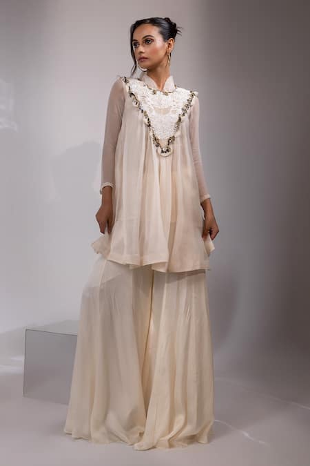 Yoseba Ivory Organza, Chiffon, Modal Beads, Lace, Metallic Sheer Tunic With Sharara 