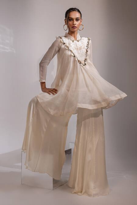 Buy_Yoseba_Ivory Organza, Chiffon, Modal Beads, Lace, Metallic Sheer Tunic With Sharara _Online_at_Aza_Fashions