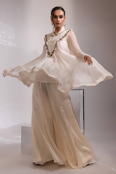 Shop_Yoseba_Ivory Organza, Chiffon, Modal Beads, Lace, Metallic Sheer Tunic With Sharara _Online_at_Aza_Fashions