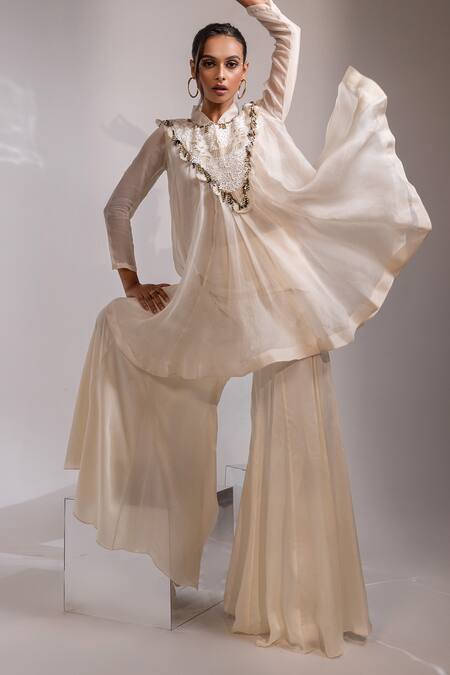 Yoseba_Ivory Organza, Chiffon, Modal Beads, Lace, Metallic Sheer Tunic With Sharara _at_Aza_Fashions