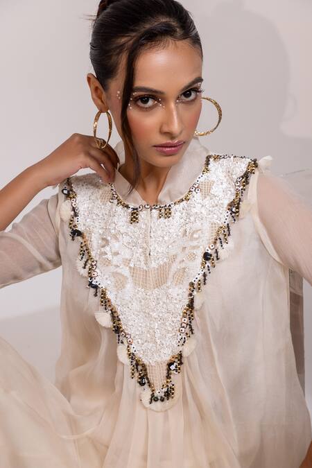 Buy_Yoseba_Ivory Organza, Chiffon, Modal Beads, Lace, Metallic Sheer Tunic With Sharara 