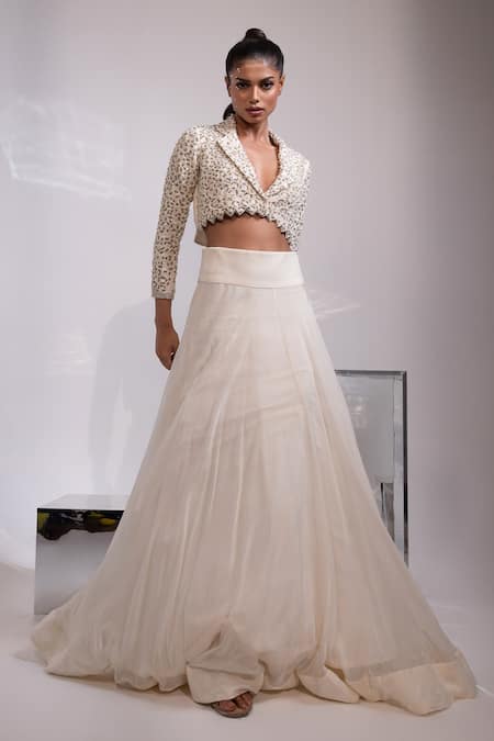 Buy_Yoseba_Ivory Silk, Organza Pearls, Sequins, Embellished Cropped Jacket With Maxi Skirt _Online_at_Aza_Fashions