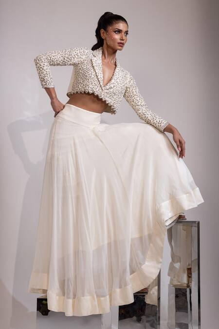Shop_Yoseba_Ivory Silk, Organza Pearls, Sequins, Embellished Cropped Jacket With Maxi Skirt _Online_at_Aza_Fashions