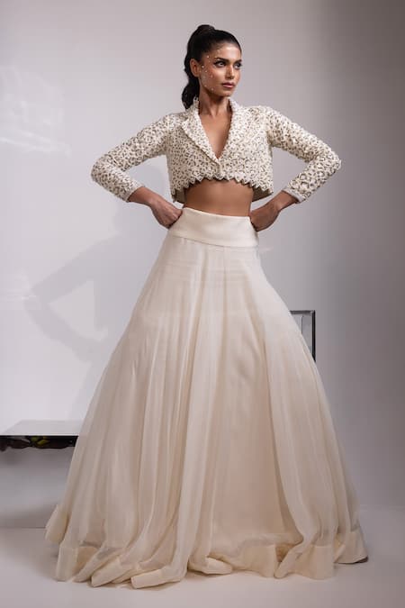 Yoseba_Ivory Silk, Organza Pearls, Sequins, Embellished Cropped Jacket With Maxi Skirt _at_Aza_Fashions