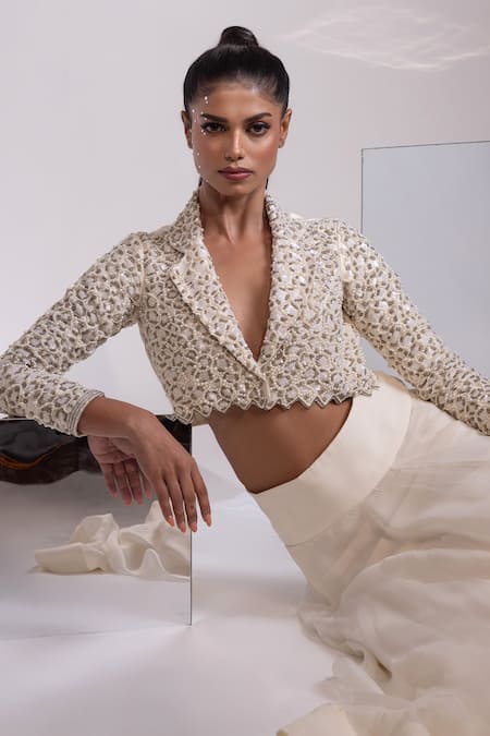 Buy_Yoseba_Ivory Silk, Organza Pearls, Sequins, Embellished Cropped Jacket With Maxi Skirt 