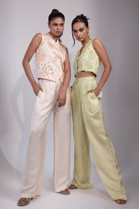 Buy Yoseba Mint Linen, Satin Pearls, Sequins, Beads, Green Hand Lace Up Top And Pant Set Online at Aza Fashions Buy_Yoseba_Mint Linen, Satin Pearls, Sequins, Beads, Green Hand Lace Up Top And Pant Set _Online_at_Aza_Fashions