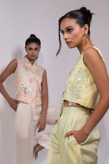 Shop Yoseba Mint Linen, Satin Pearls, Sequins, Beads, Green Hand Lace Up Top And Pant Set Online at Aza Fashions Shop_Yoseba_Mint Linen, Satin Pearls, Sequins, Beads, Green Hand Lace Up Top And Pant Set _Online_at_Aza_Fashions