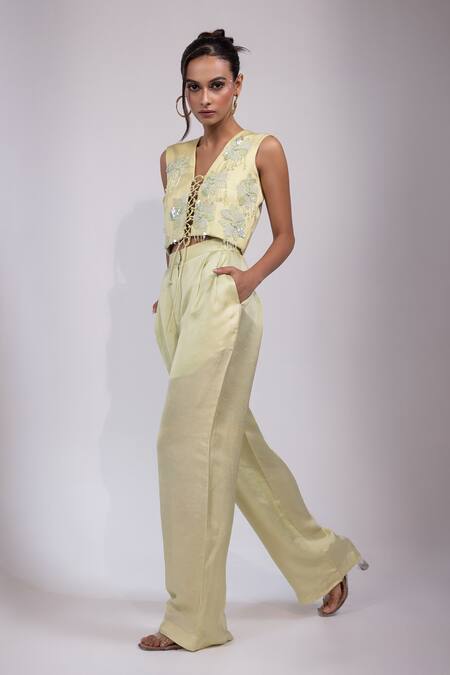 Yoseba Mint Linen, Satin Pearls, Sequins, Beads, Green Hand Lace Up Top And Pant Set at Aza Fashions Yoseba_Mint Linen, Satin Pearls, Sequins, Beads, Green Hand Lace Up Top And Pant Set _at_Aza_Fashions