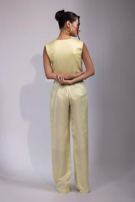 Yoseba Mint Linen, Satin Pearls, Sequins, Beads, Green Hand Lace Up Top And Pant Set Online at Aza Fashions Yoseba_Mint Linen, Satin Pearls, Sequins, Beads, Green Hand Lace Up Top And Pant Set _Online_at_Aza_Fashions