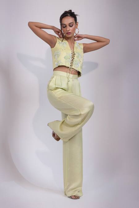 Shop Yoseba Mint Linen, Satin Pearls, Sequins, Beads, Green Hand Lace Up Top And Pant Set Shop_Yoseba_Mint Linen, Satin Pearls, Sequins, Beads, Green Hand Lace Up Top And Pant Set