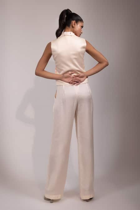 Yoseba Ivory Linen, Satin Sequins Collared Embellished Sleeveless Top And Pant Set Online at Aza Fashions Yoseba_Ivory Linen, Satin Sequins Collared Embellished Sleeveless Top And Pant Set _Online_at_Aza_Fashions