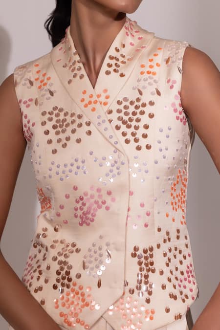 Yoseba Ivory Linen, Satin Sequins Collared Embellished Sleeveless Top And Pant Set at Aza Fashions Yoseba_Ivory Linen, Satin Sequins Collared Embellished Sleeveless Top And Pant Set _at_Aza_Fashions