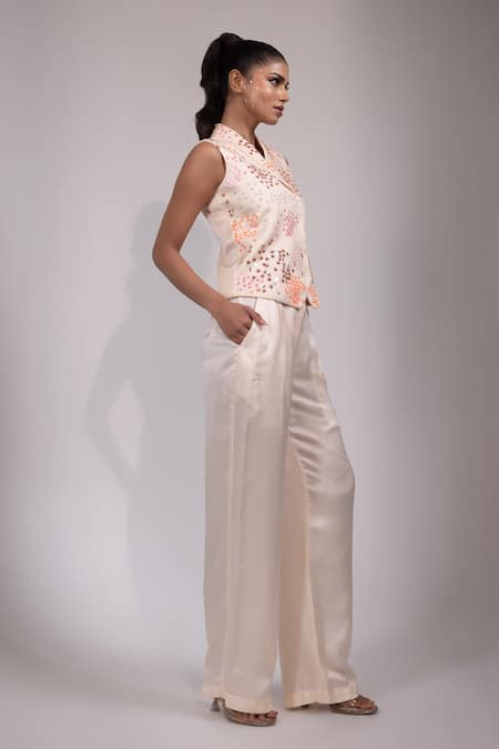 Buy Yoseba Ivory Linen, Satin Sequins Collared Embellished Sleeveless Top And Pant Set Buy_Yoseba_Ivory Linen, Satin Sequins Collared Embellished Sleeveless Top And Pant Set