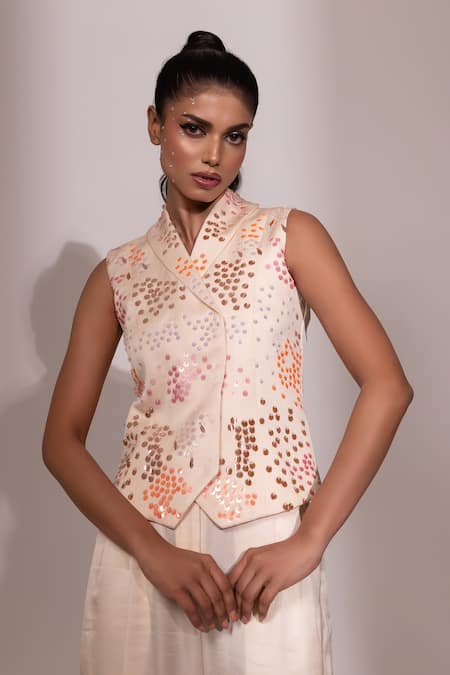 Shop Yoseba Ivory Linen, Satin Sequins Collared Embellished Sleeveless Top And Pant Set Shop_Yoseba_Ivory Linen, Satin Sequins Collared Embellished Sleeveless Top And Pant Set