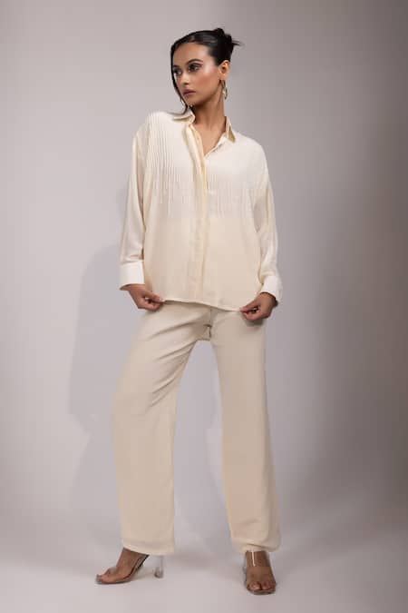 Yoseba Ivory Crepe Beads, Tassels Collared Kaddana Shirt And Pant Set 