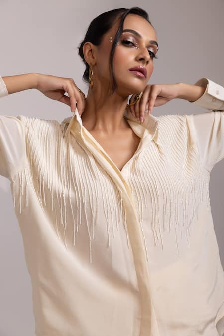 Buy Yoseba Ivory Crepe Beads, Tassels Collared Kaddana Shirt And Pant Set Online at Aza Fashions Buy_Yoseba_Ivory Crepe Beads, Tassels Collared Kaddana Shirt And Pant Set _Online_at_Aza_Fashions